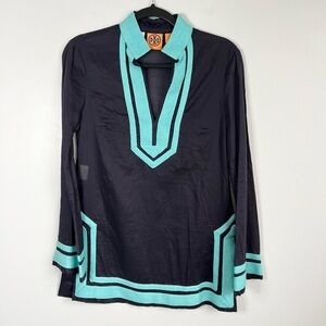 Tory Burch Size 2 • Tunic Caftan Resort Swim Cover Up Navy Blue Beach.